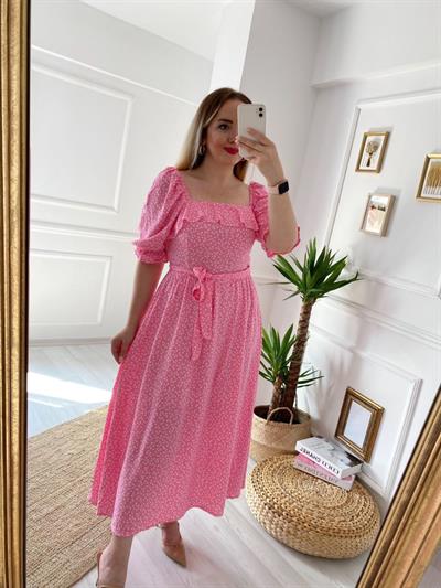Pembe Çitir Desen Pamuk Viskon Elbise