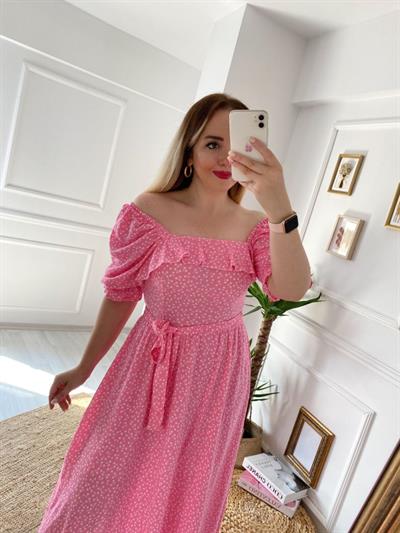 Pembe Çitir Desen Pamuk Viskon Elbise