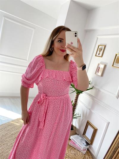 Pembe Çitir Desen Pamuk Viskon Elbise