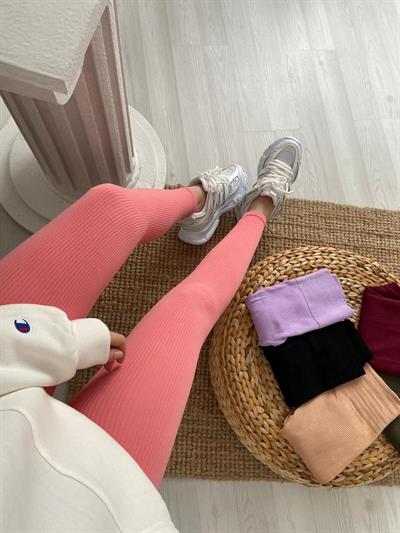 Pembe Fitilli Geniş Bel Detaylı Tayt