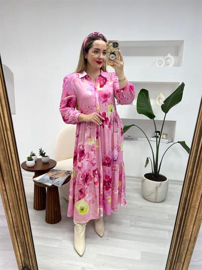 Pembe Gül Desenli Maxi Boy Elbise