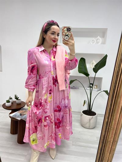 Pembe Gül Desenli Maxi Boy Elbise