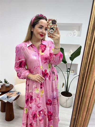 Pembe Gül Desenli Maxi Boy Elbise