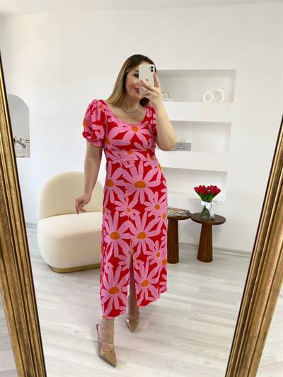Pembe Kirmizi Desenli Elbise
