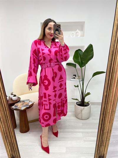 Pembe Kirmizi Desenli Kemerli  Elbise