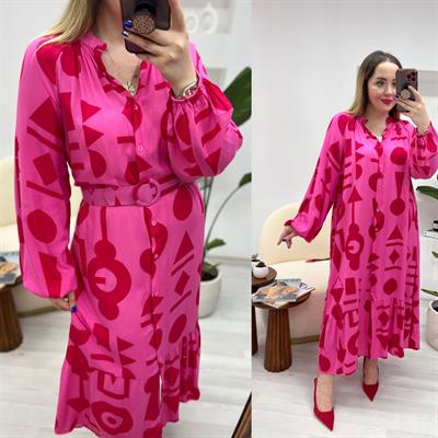 Pembe Kirmizi Desenli Kemerli  Elbise