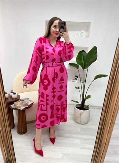 Pembe Kirmizi Desenli Kemerli  Elbise