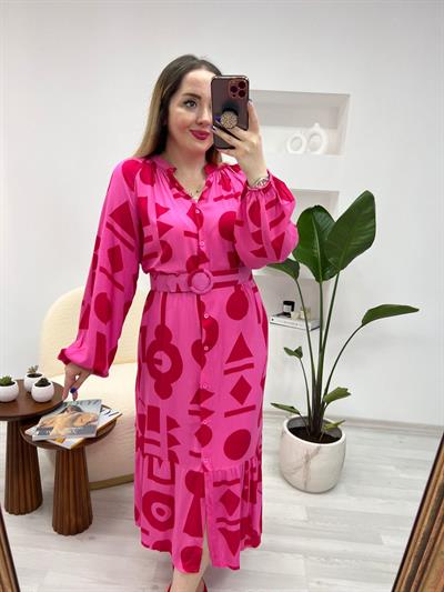 Pembe Kirmizi Desenli Kemerli  Elbise