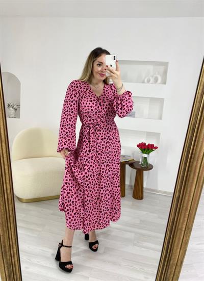 Pembe Kirmizi Desenli Kruvaze Model Elbise