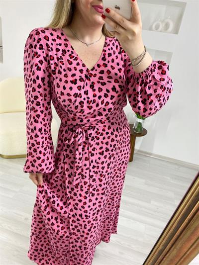 Pembe Kirmizi Desenli Kruvaze Model Elbise