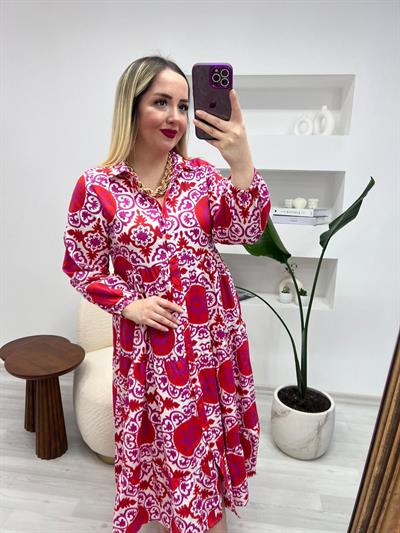 Pembe Kirmizi Desenli Önden Düğmeli Keten Elbise