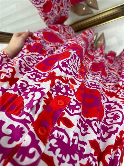 Pembe Kirmizi Desenli Önden Düğmeli Keten Elbise