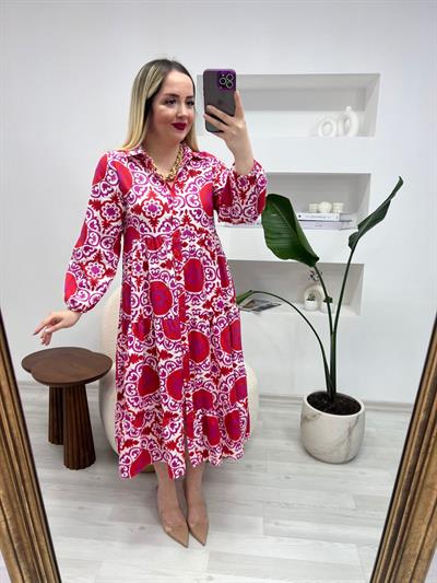 Pembe Kirmizi Desenli Önden Düğmeli Keten Elbise
