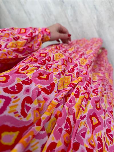 Pembe- Sari Desenli Gömlek Elbise