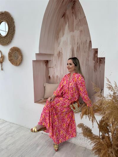 Pembe- Sari Desenli Gömlek Elbise