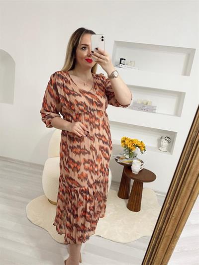 Pembe Şifon Beli Lastikli Elbise