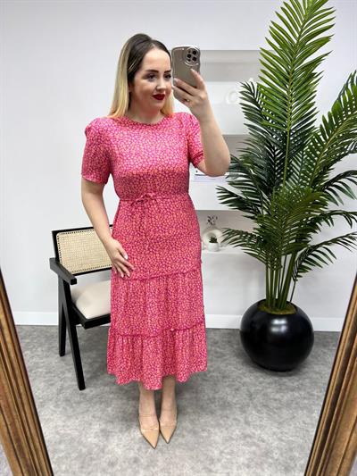 Pembe Turuncu Desenli Pamuk Elbise