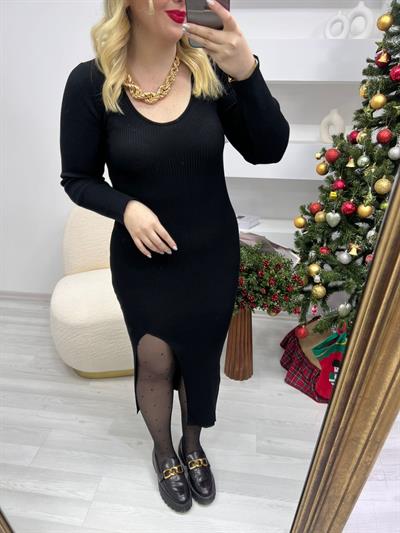 Pencere Detaylı Orj Marka Triko Elbise Siyah