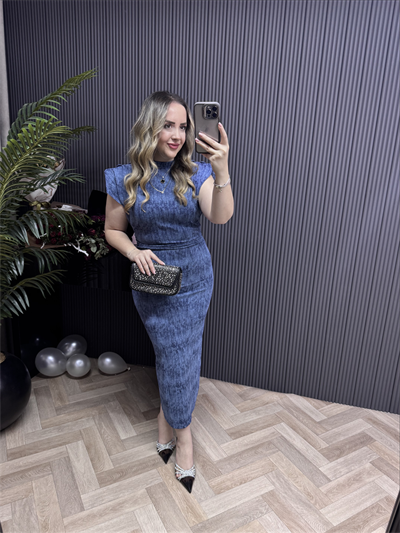 Pera Vatkalı Düğme Detaylı Elbise Mavi