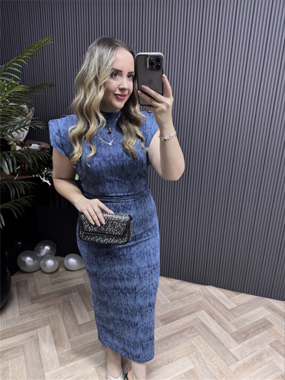 Pera Vatkalı Düğme Detaylı Elbise Mavi