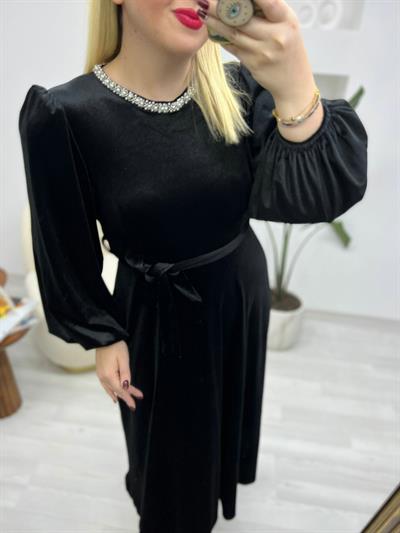 Perla İnci Yakalı Kadife Elbise Siyah