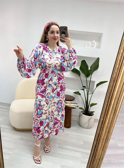 Perla Kemerli Tasarım Elbise Fuşya