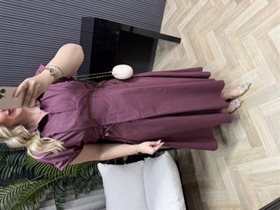 Petek Bel Bağlama Detaylı Yakalı Poplin Elbise Mürdüm