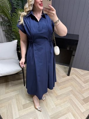 Petek Bel Bağlama Detaylı Yakalı Poplin Elbise Lacivert