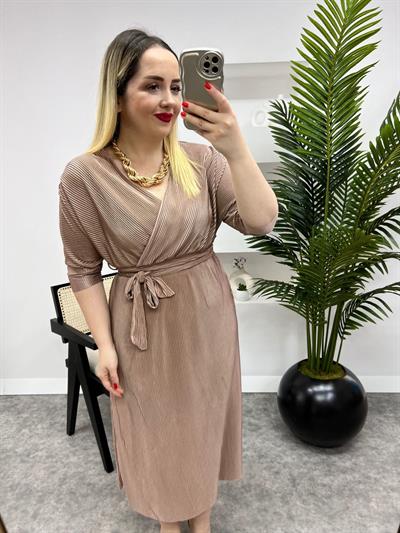 Pilise Kumaş Kuşaklı Midi Elbise Bronz