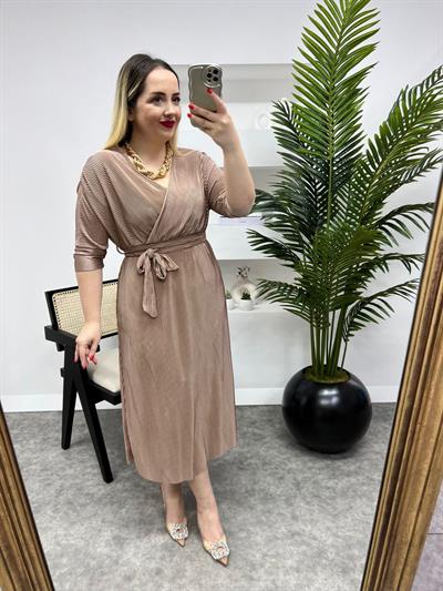 Pilise Kumaş Kuşaklı Midi Elbise Bronz