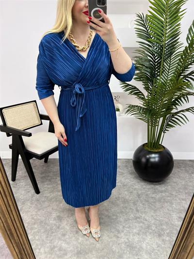 Pilise Kumaş Kuşaklı Midi Elbise Gece Mavisi
