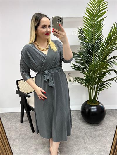 Pilise Kumaş Kuşaklı Midi Elbise Gri