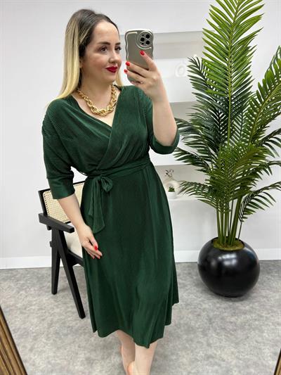 Pilise Kumaş Kuşaklı Midi Elbise Koyu Yeşil