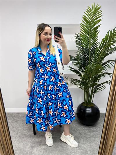 Poplin Elbise Midi Boy Mavi Desenli