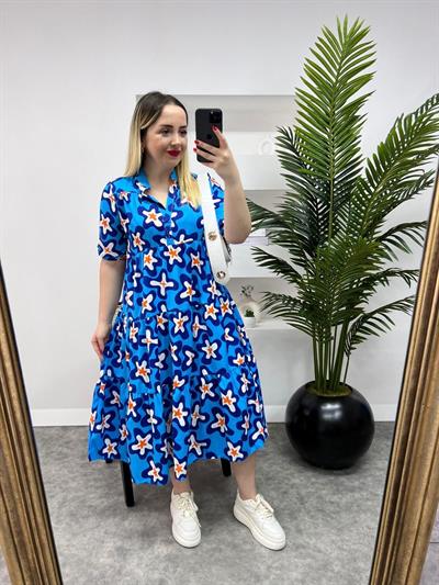 Poplin Elbise Midi Boy Mavi Desenli