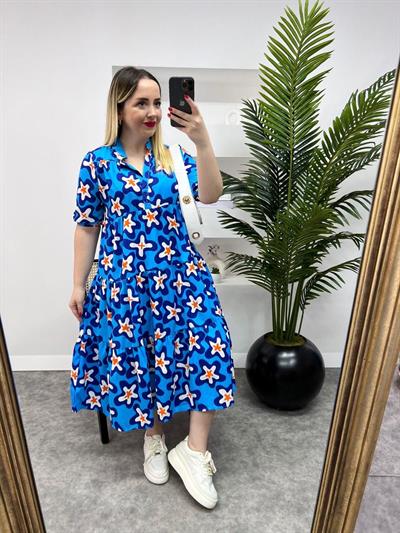Poplin Elbise Midi Boy Mavi Desenli