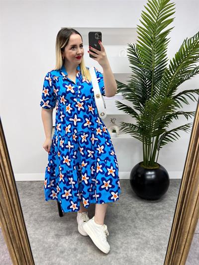 Poplin Elbise Midi Boy Mavi Desenli