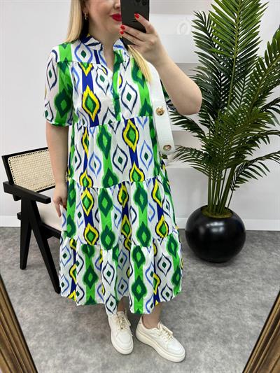 Poplin Elbise Midi Boy Yeşil Desenli