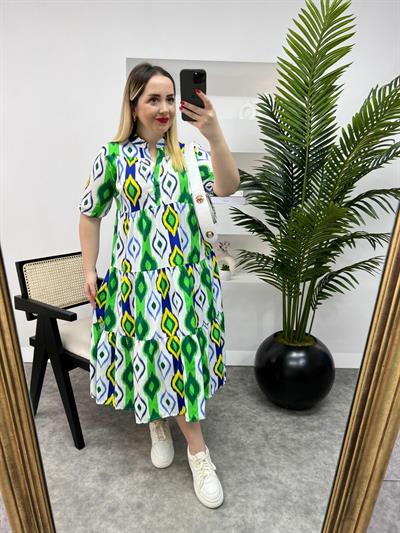 Poplin Elbise Midi Boy Yeşil Desenli