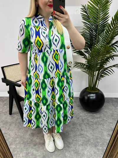 Poplin Elbise Midi Boy Yeşil Desenli