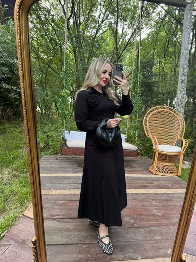 Premium Fk Tasarım Gül Detaylı Elbise Siyah