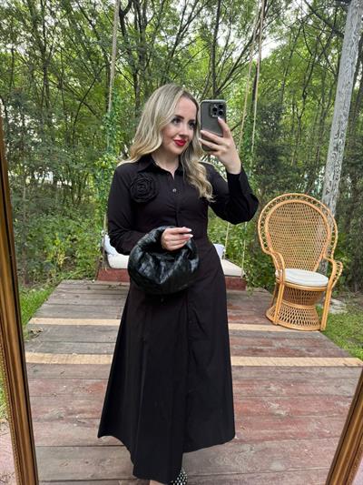 Premium Fk Tasarım Gül Detaylı Elbise Siyah