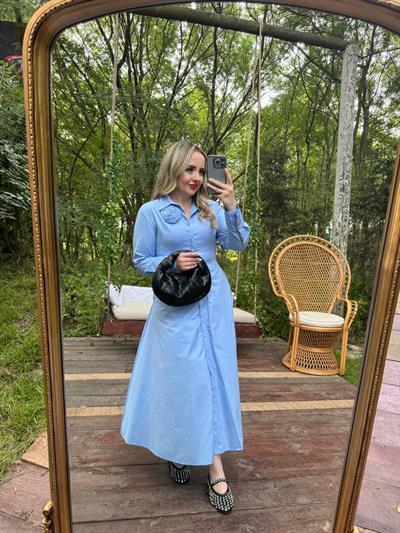 Premium Fk Tasarım Gül Detaylı Elbise Mavi