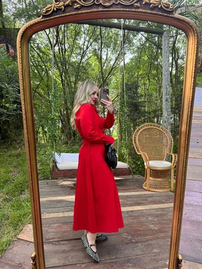 Premium Fk Tasarım Gül Detaylı Elbise Kırmızı