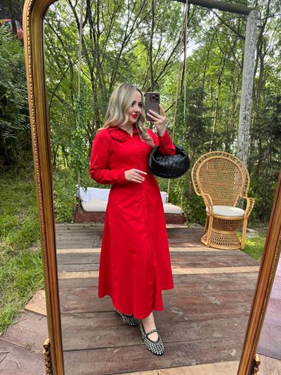 Premium Fk Tasarım Gül Detaylı Elbise Kırmızı