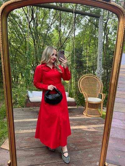 Premium Fk Tasarım Gül Detaylı Elbise Kırmızı