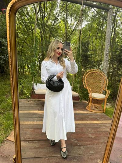 Premium Fk Tasarım Gül Detaylı Elbise Beyaz