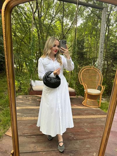 Premium Fk Tasarım Gül Detaylı Elbise Beyaz