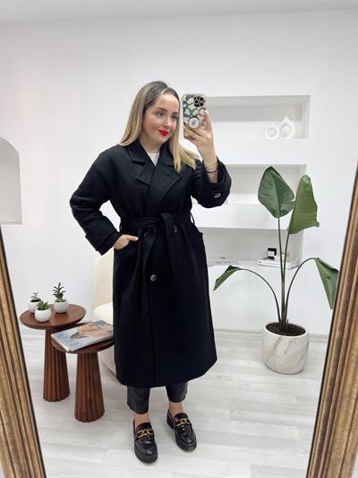 Premium Siyah Yün Kaşe Kaban