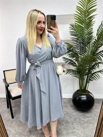 Prenses Model Beli Lastikli Elbise Gri